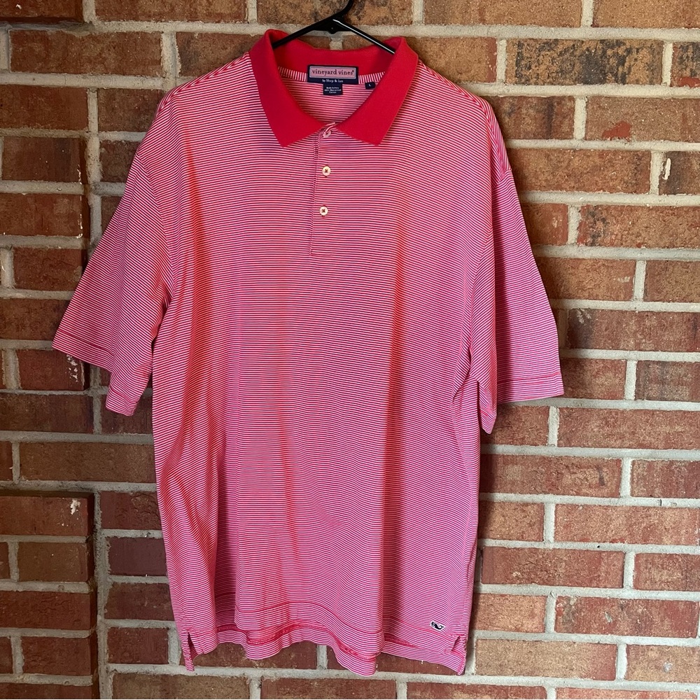 Vineyard Vines Men L Polo Shirt Red White Pink Stripe Preppy Resort Golf EUC